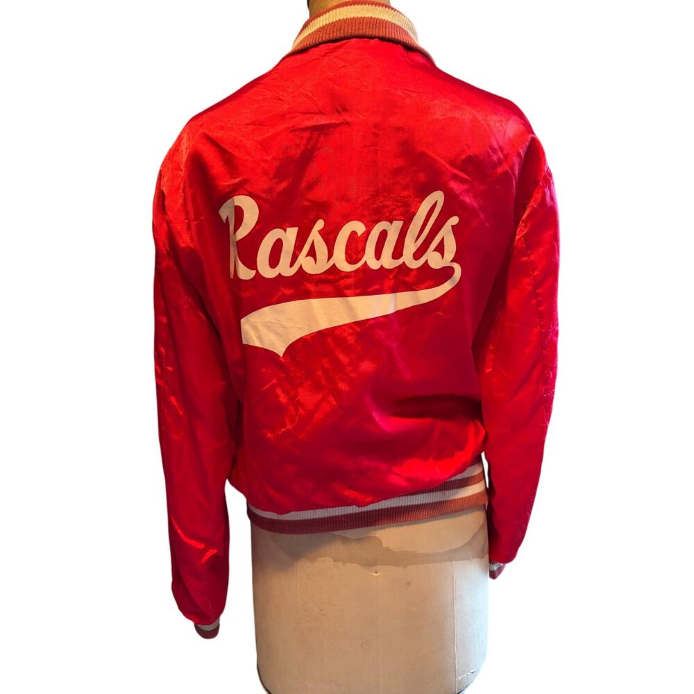 VTG Empire Union Made Satin Baseball Jacket RASCALS Team Red Snap MED